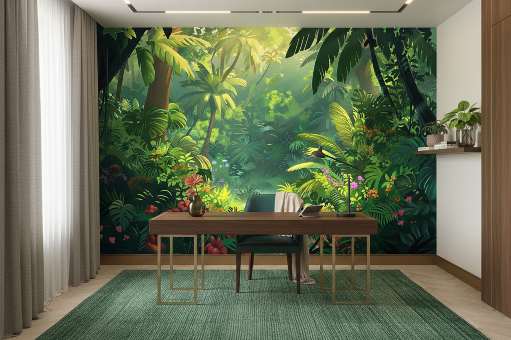 Papier Peint Jungle Tropicale avec Palmiers et Fleurs Exotiques Multicolores - Bureau
