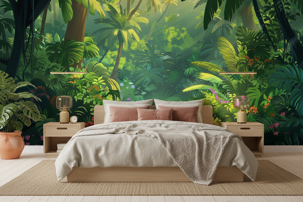 Papier Peint Jungle Tropicale avec Palmiers et Fleurs Exotiques Multicolores - Chambre adulte