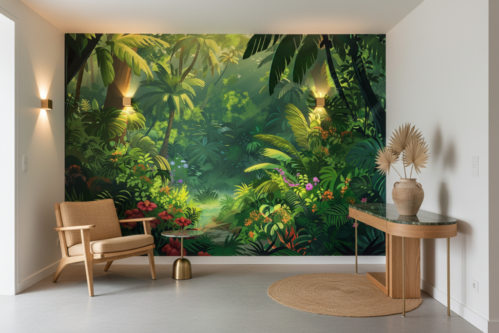 Papier Peint Jungle Tropicale avec Palmiers et Fleurs Exotiques Multicolores - Entrée