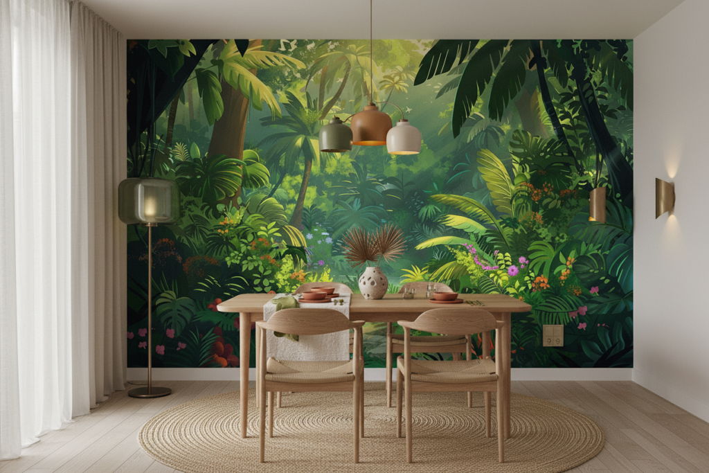 Papier Peint Jungle Tropicale avec Palmiers et Fleurs Exotiques Multicolores - Salle à manger
