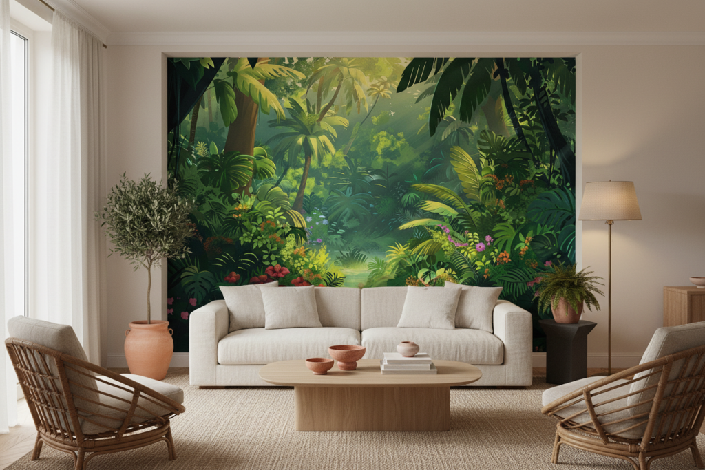 Papier Peint Jungle Tropicale avec Palmiers et Fleurs Exotiques Multicolores - Salon / Séjour