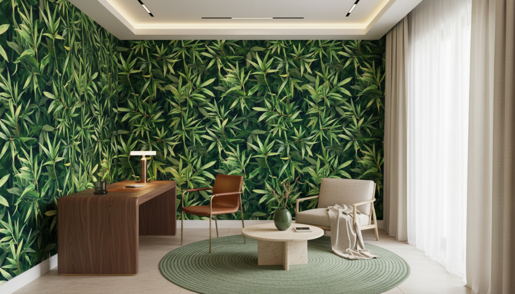 Papier peint jungle tropicale feuillage bambou vert luxuriant naturel - Bureau