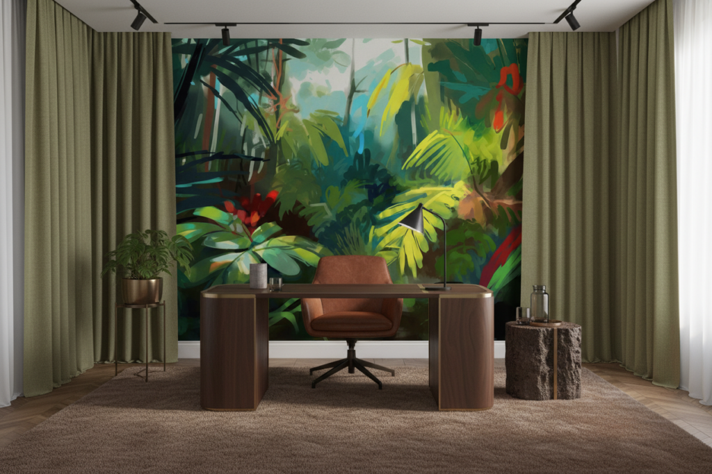 Papier Peint Jungle Tropicale Lumineuse aux Tons Verts Éclatants - Bureau