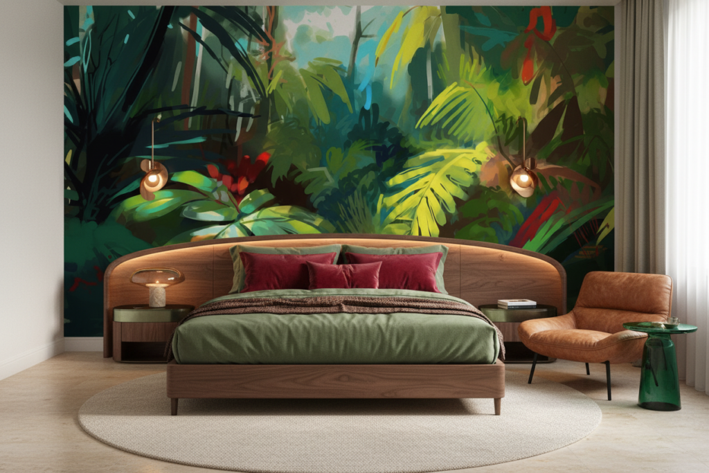 Papier Peint Jungle Tropicale Lumineuse aux Tons Verts Éclatants - Chambre adulte