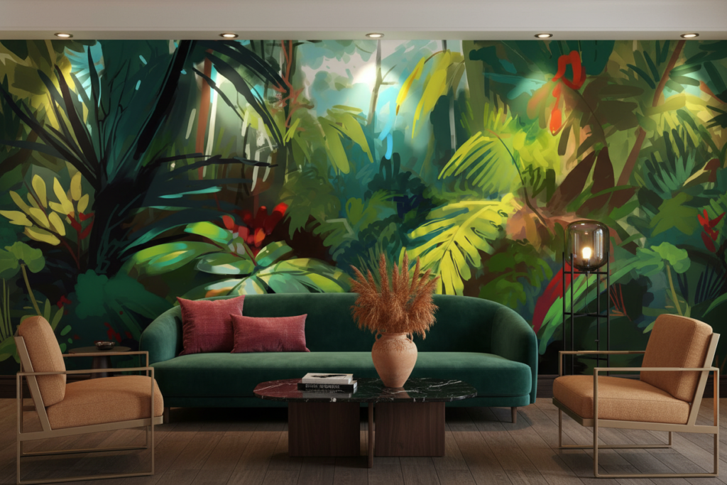 Papier Peint Jungle Tropicale Lumineuse aux Tons Verts Éclatants - Hôtel