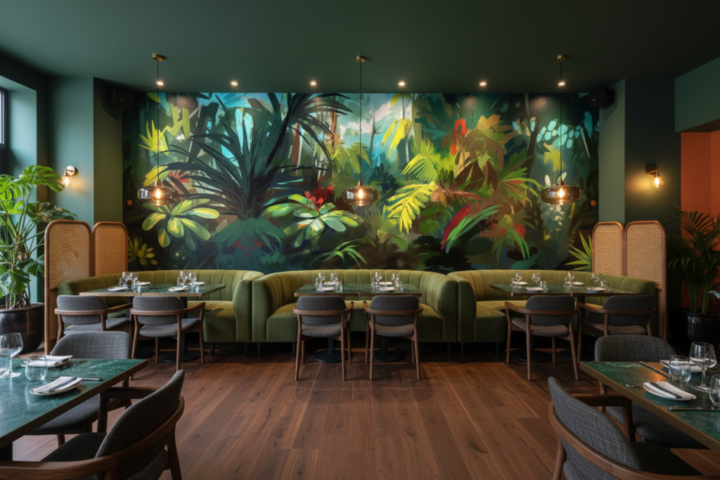 Papier Peint Jungle Tropicale Lumineuse aux Tons Verts Éclatants - Restaurant