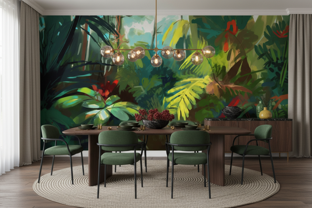 Papier Peint Jungle Tropicale Lumineuse aux Tons Verts Éclatants - Salle à manger