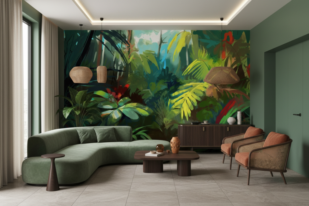 Papier Peint Jungle Tropicale Lumineuse aux Tons Verts Éclatants - Salon / Séjour