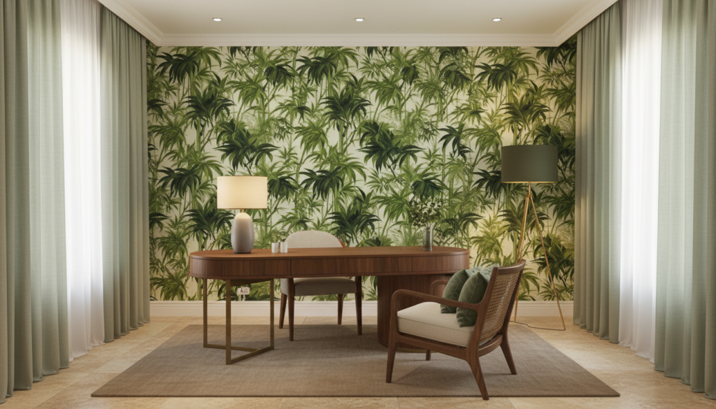 Papier peint jungle tropicale palmiers verts luxuriants sur fond crème - Bureau