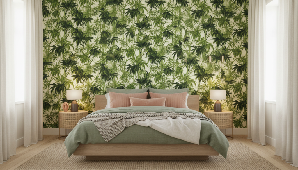 Papier peint jungle tropicale palmiers verts luxuriants sur fond crème - Chambre adulte