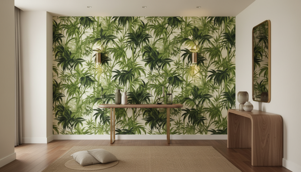 Papier peint jungle tropicale palmiers verts luxuriants sur fond crème - Couloir