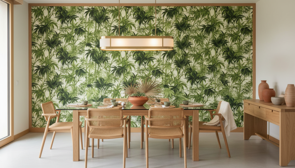 Papier peint jungle tropicale palmiers verts luxuriants sur fond crème - Salle à manger