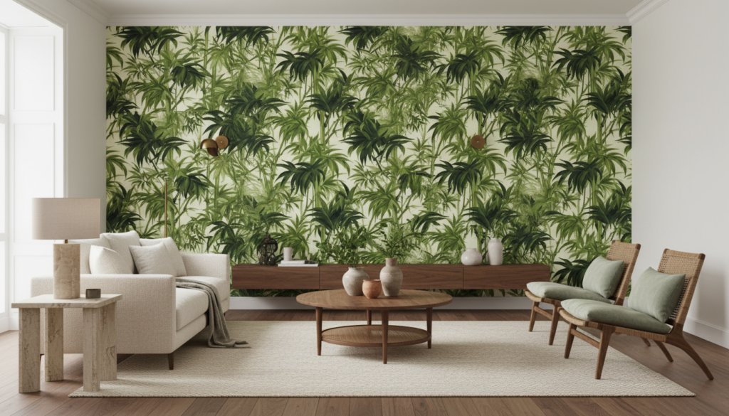 Papier peint jungle tropicale palmiers verts luxuriants sur fond crème - Salon / Séjour