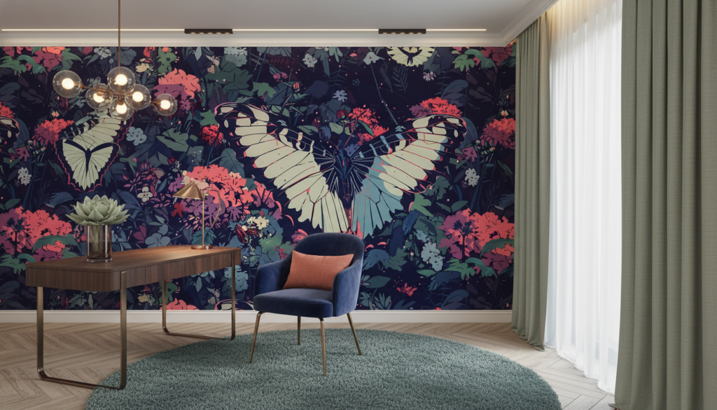 Papier peint jungle tropicale papillon exotique corail et bleu nuit - Bureau