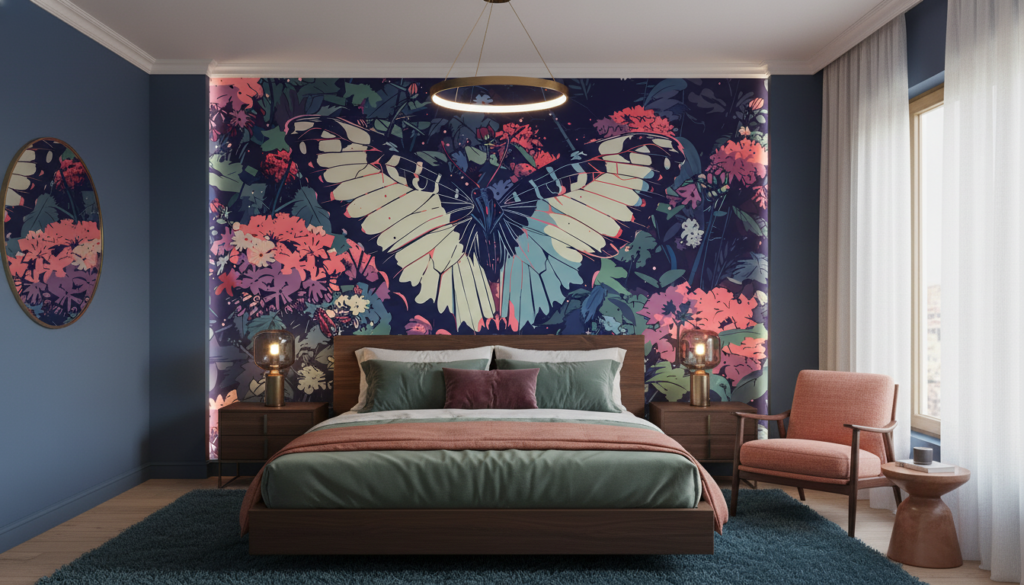 Papier peint jungle tropicale papillon exotique corail et bleu nuit - Chambre adulte