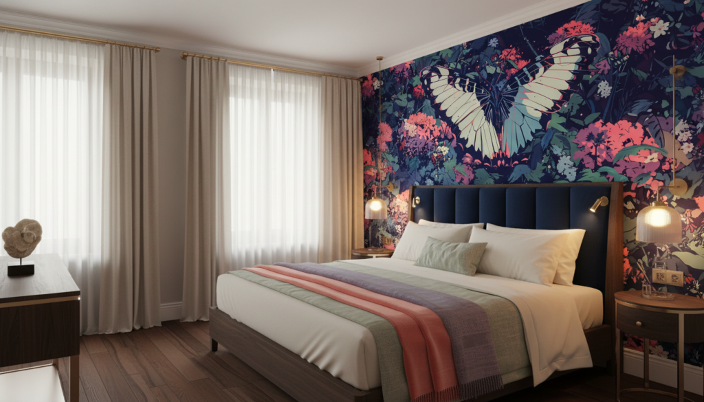 Papier peint jungle tropicale papillon exotique corail et bleu nuit - Hôtel