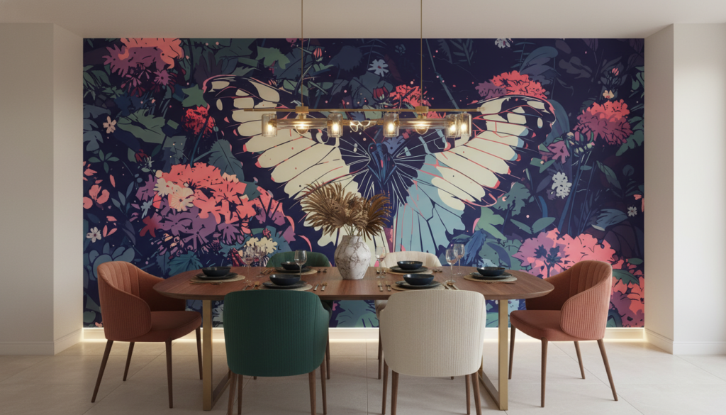 Papier peint jungle tropicale papillon exotique corail et bleu nuit - Salle à manger