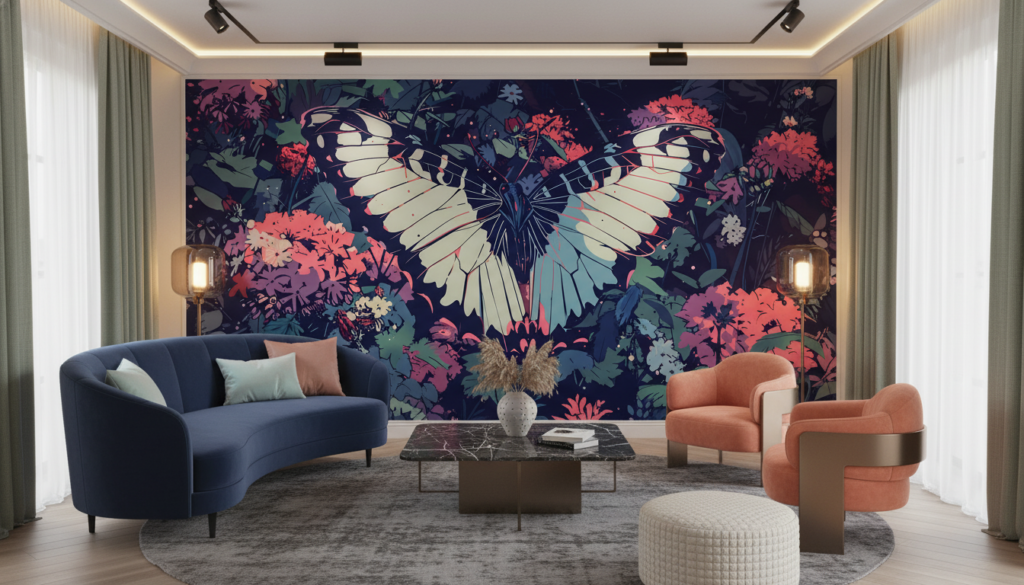 Papier peint jungle tropicale papillon exotique corail et bleu nuit - Salon / Séjour