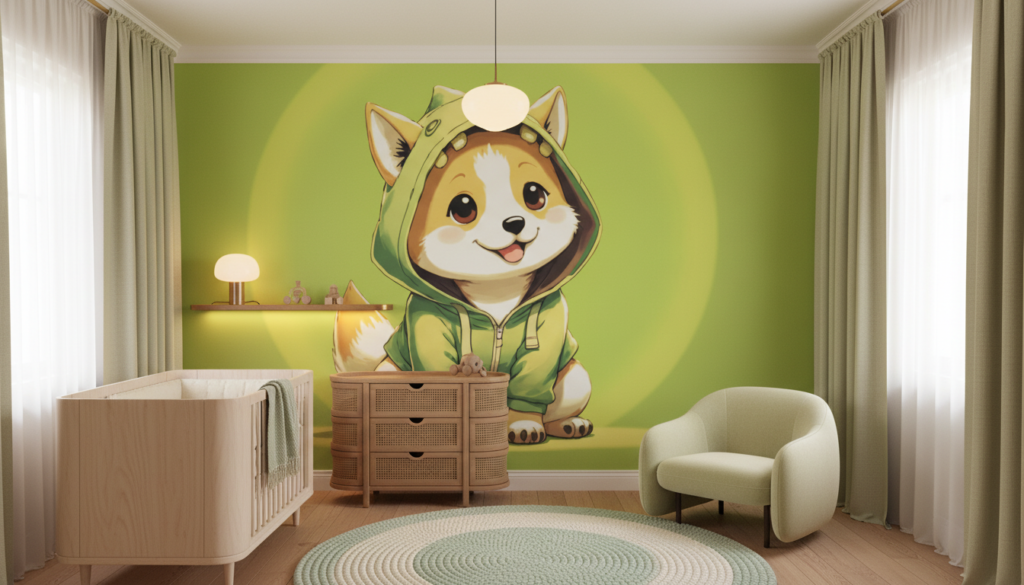 Papier peint kawaii chiot corgi vert adorable chambre enfant - Chambre bébé