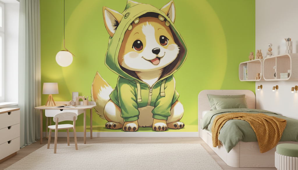 Papier peint kawaii chiot corgi vert adorable chambre enfant - Chambre enfant