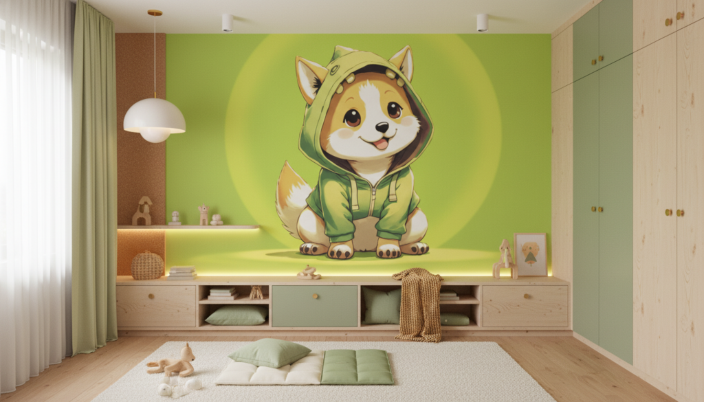 Papier peint kawaii chiot corgi vert adorable chambre enfant - Espace enfant (pro)