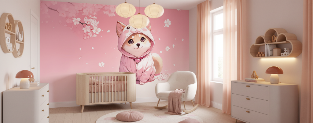 Papier peint kawaii chiot Shiba Inu fleuri ambiance sakura rose - Chambre bébé