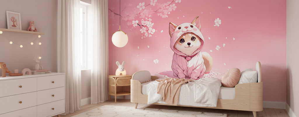 Papier peint kawaii chiot Shiba Inu fleuri ambiance sakura rose - Chambre enfant