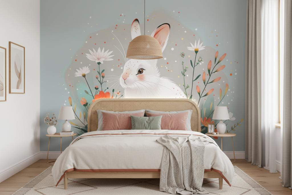 Papier peint lapin blanc et fleurs dans jardin printanier - Chambre adulte