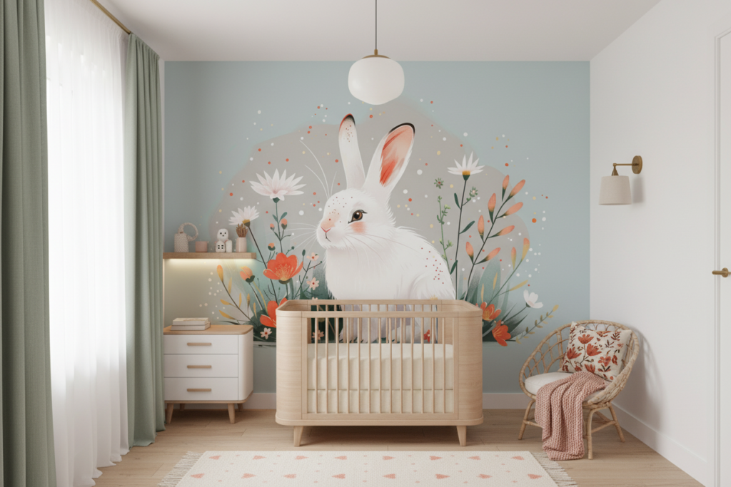 Papier peint lapin blanc et fleurs dans jardin printanier - Chambre bébé