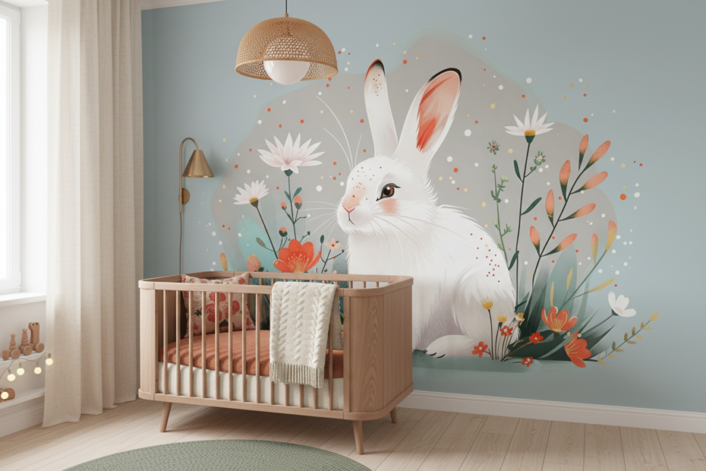 Papier peint lapin blanc et fleurs dans jardin printanier - Chambre enfant