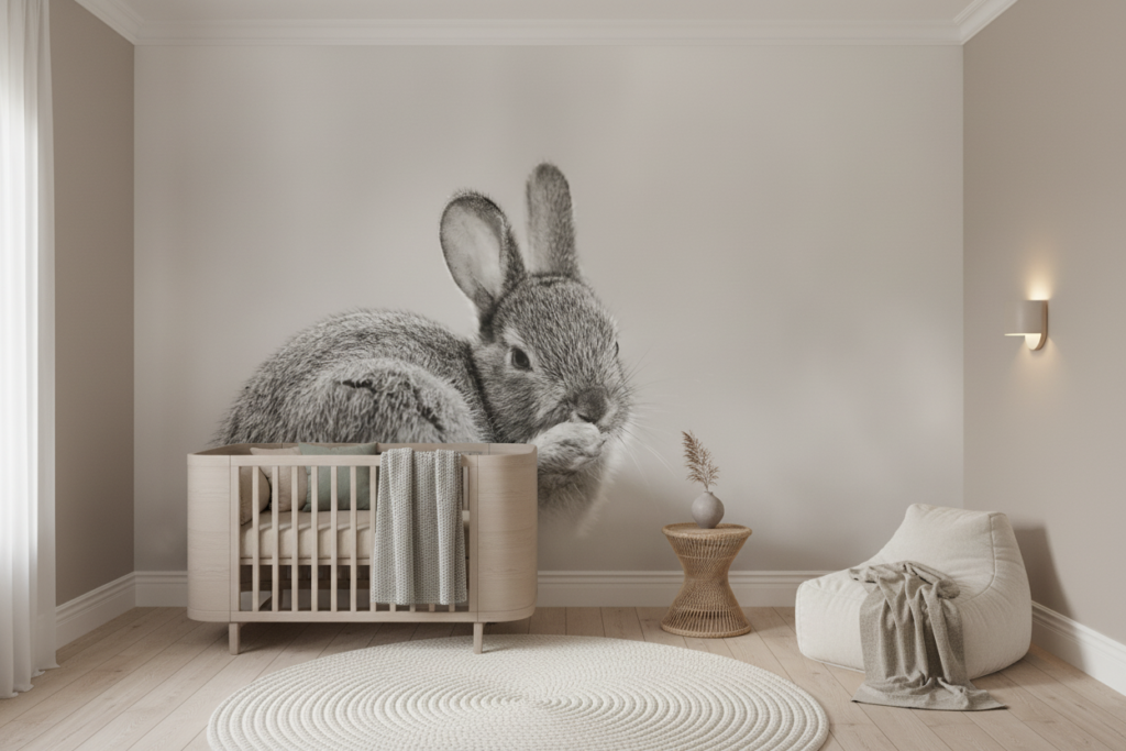 Papier peint lapin gris doux portrait artistique nature minimaliste - Chambre bébé
