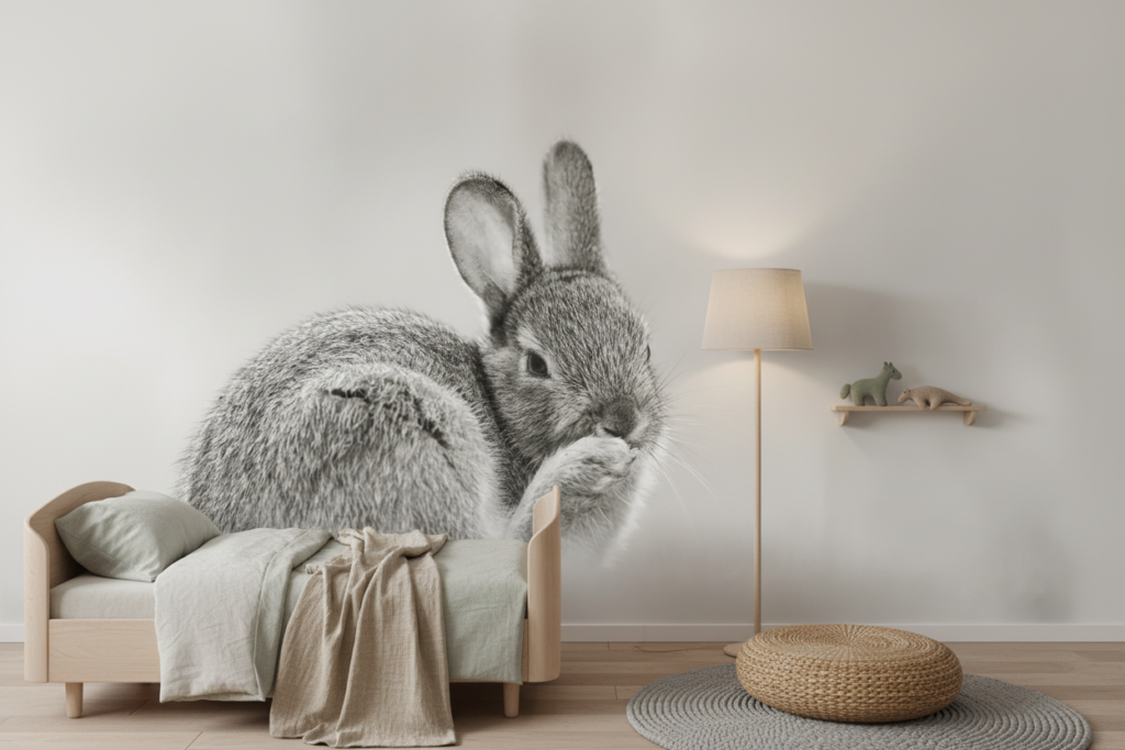 Papier peint lapin gris doux portrait artistique nature minimaliste - Chambre enfant