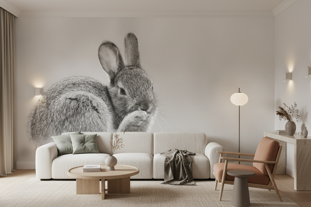 Papier peint lapin gris doux portrait artistique nature minimaliste - Salon / Séjour