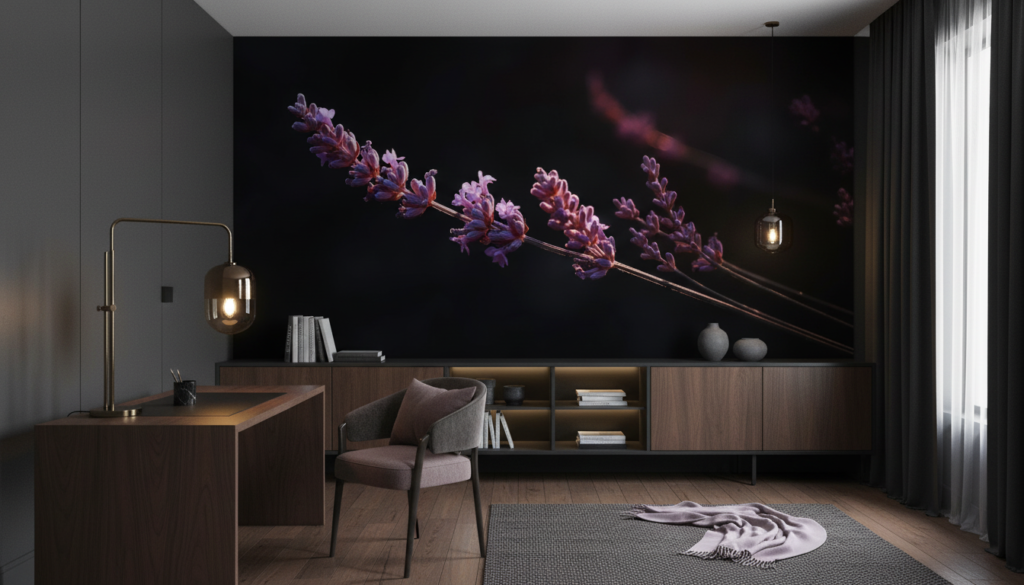 Papier peint lavande violette artistique sur fond noir dramatique - Bureau