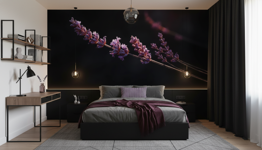 Papier peint lavande violette artistique sur fond noir dramatique - Chambre ado