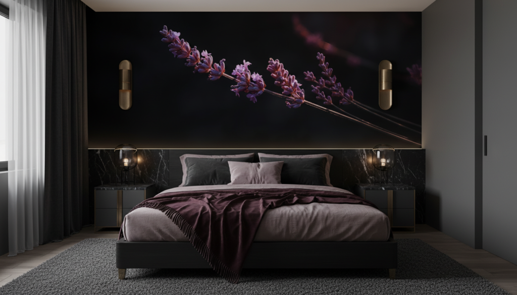 Papier peint lavande violette artistique sur fond noir dramatique - Chambre adulte