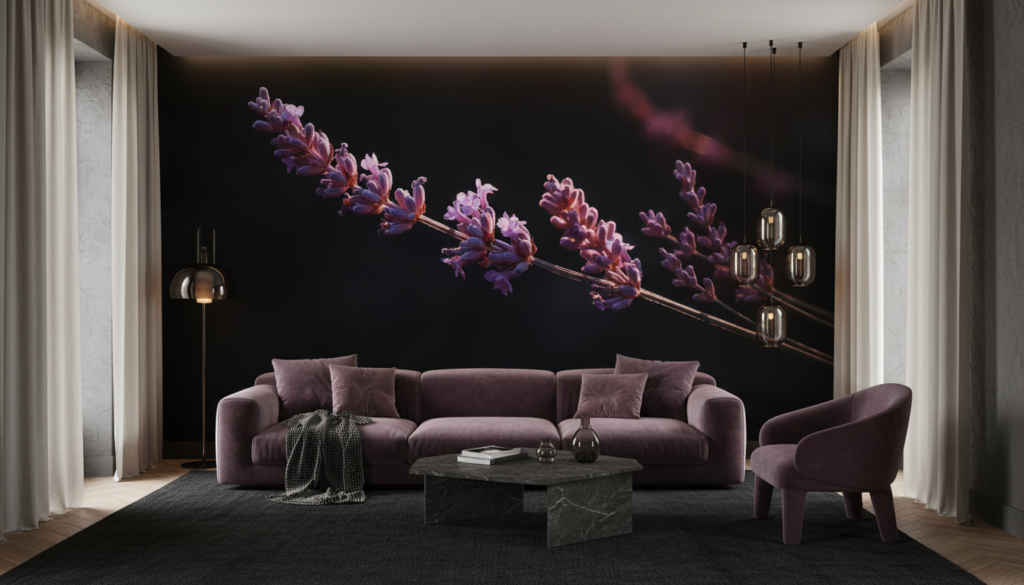 Papier peint lavande violette artistique sur fond noir dramatique - Salon / Séjour
