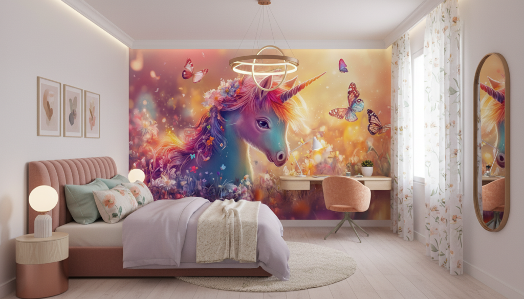 Papier peint licorne arc-en-ciel avec papillons et fleurs magiques - Chambre ado