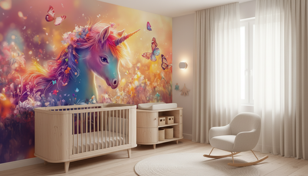 Papier peint licorne arc-en-ciel avec papillons et fleurs magiques - Chambre bébé