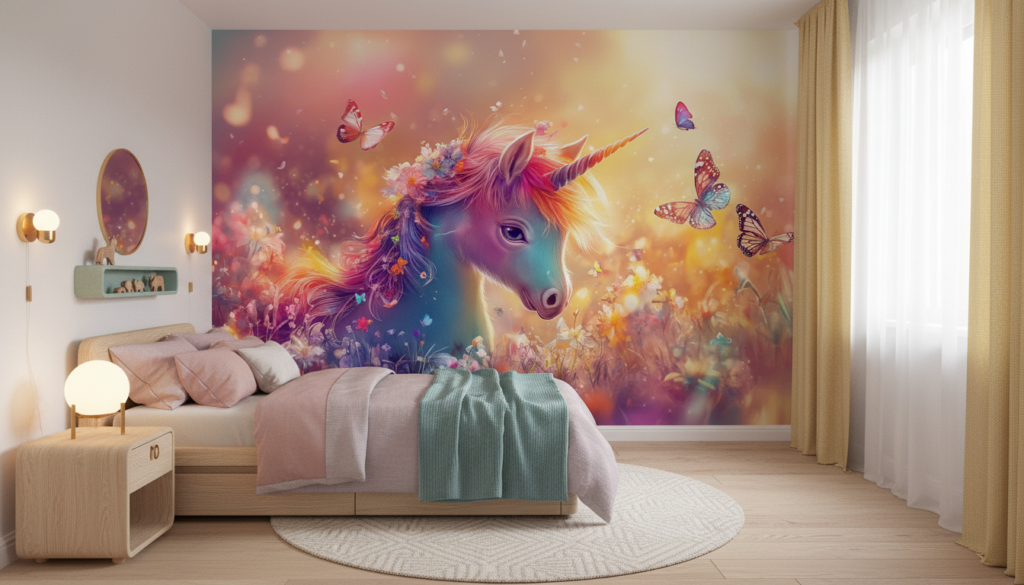 Papier peint licorne arc-en-ciel avec papillons et fleurs magiques - Chambre enfant