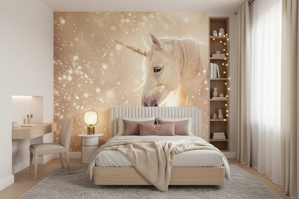Papier Peint Licorne Dorée Magique avec Étoiles Scintillantes - Chambre ado