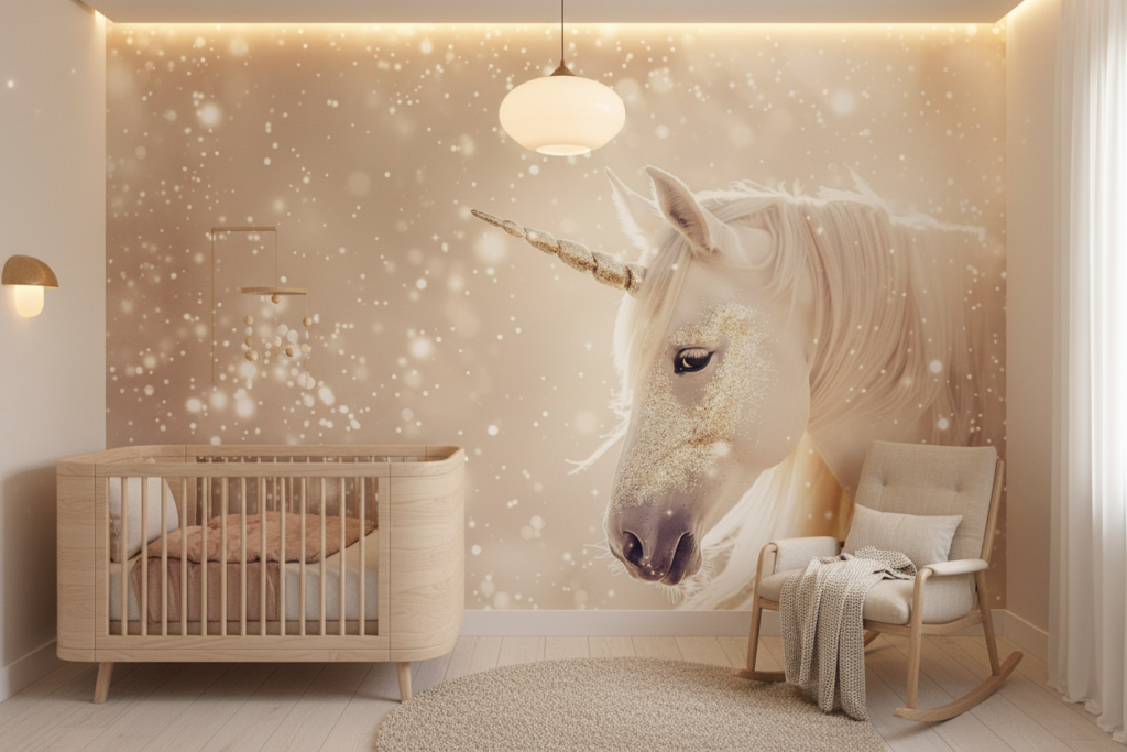 Papier Peint Licorne Dorée Magique avec Étoiles Scintillantes - Chambre bébé