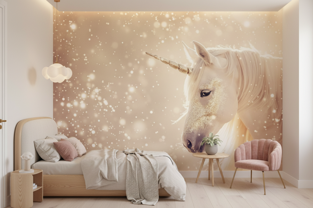 Papier Peint Licorne Dorée Magique avec Étoiles Scintillantes - Chambre enfant