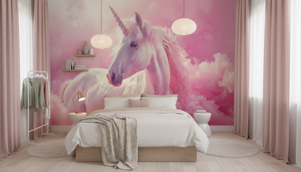 Papier Peint Licorne Féerique sur Nuages Roses Pastel - Chambre ado