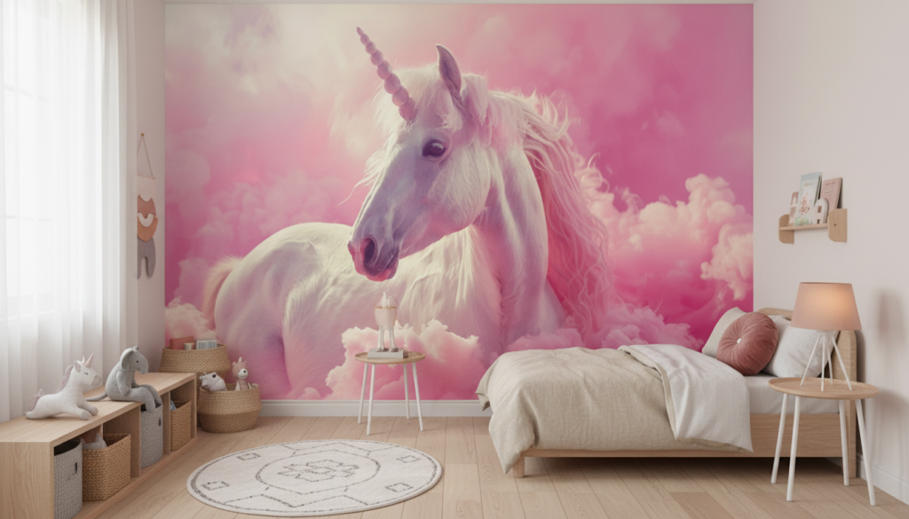 Papier Peint Licorne Féerique sur Nuages Roses Pastel - Chambre enfant