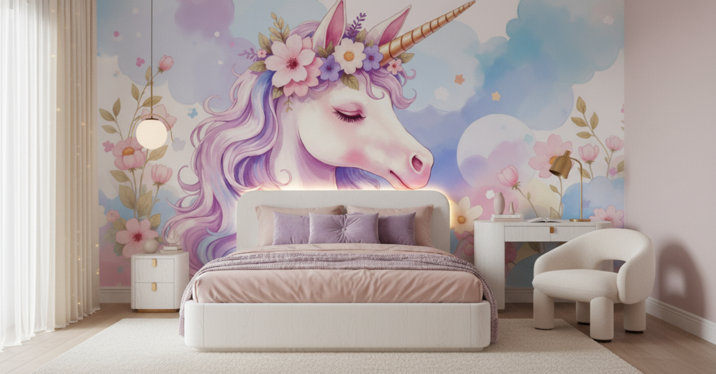 Papier peint licorne féerique avec fleurs aquarelle fond nuageux pastel - Chambre ado