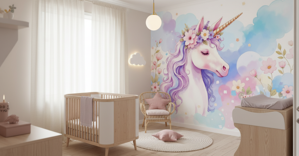 Papier peint licorne féerique avec fleurs aquarelle fond nuageux pastel - Chambre bébé