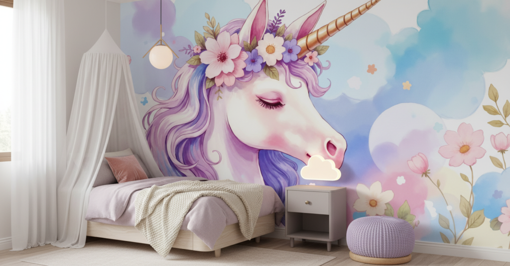 Papier peint licorne féerique avec fleurs aquarelle fond nuageux pastel - Chambre enfant