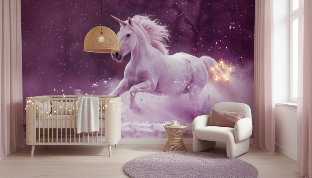 Papier Peint Licorne Magique Galaxie Violette Étoilée Fantastique - Chambre bébé