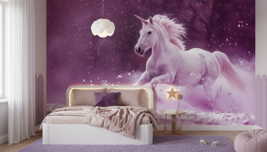 Papier Peint Licorne Magique Galaxie Violette Étoilée Fantastique - Chambre enfant